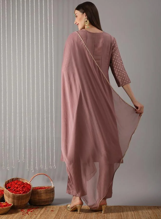 globus Women Pink Embroidered A-Line Kurta with Pant and Dupatta Set
